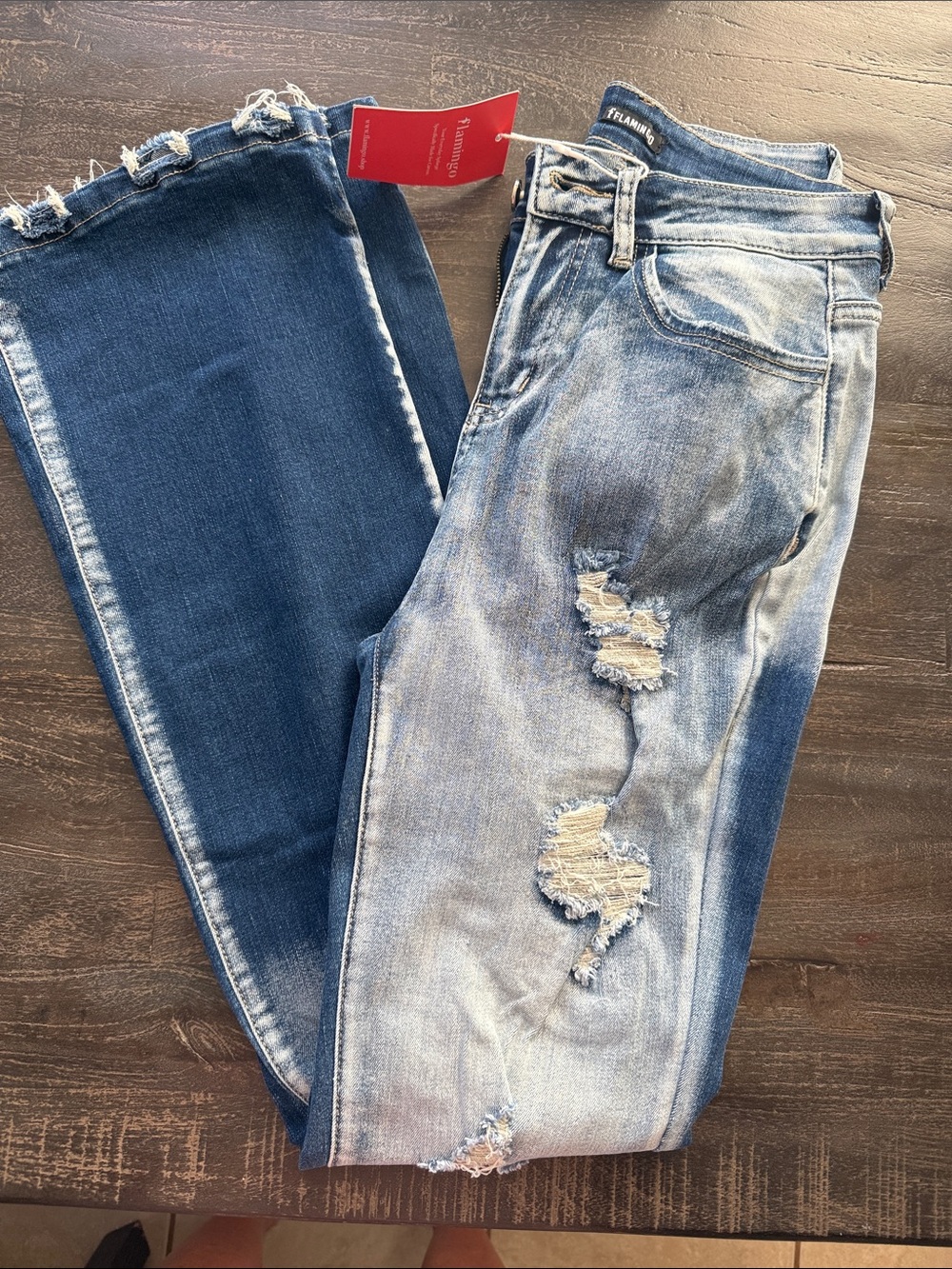 Two-Tone Distressed Wide-Leg Jeans - Blue